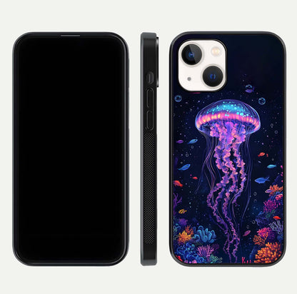 Neon Jellyfish Glass Case for iPhone 14 front & back layout highlighting HD marine art and curved edges