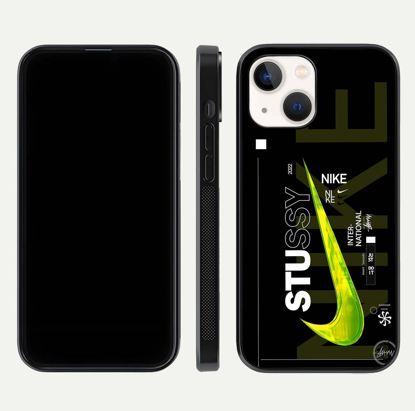 Neon Street Edition Glass Case for iPhone 14 front & back layout highlighting street art vibe and edges