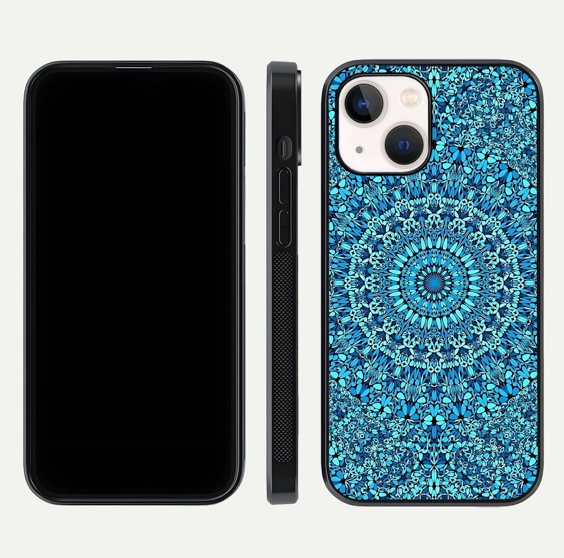 Ocean Bloom Mandala Glass Case for iPhone 14 front & back layout showing ocean tone design and edges