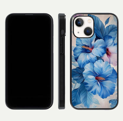 Ocean Hibiscus Grace Glass Case for iPhone 14 front & back layout showing vibrant oceanic tones and curves