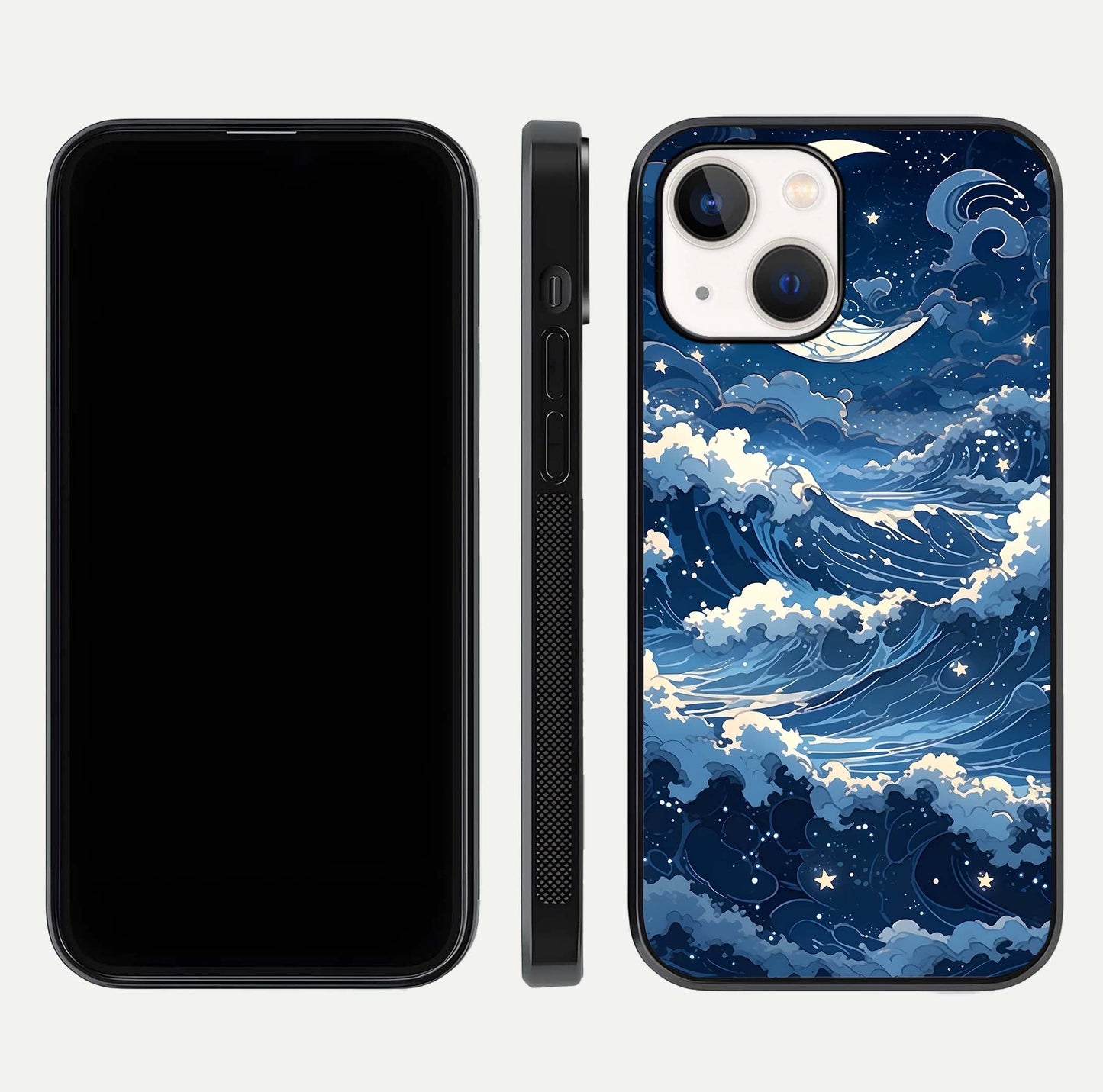 Ocean Moon Waves Glass Case for iPhone 14 front & back layout highlighting water flow and smooth edges