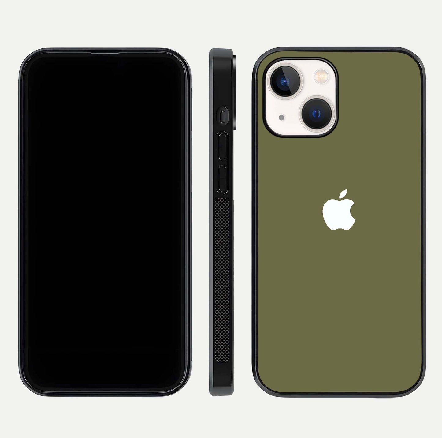 Olive Matte Essence Glass Case for iPhone 14 front & back layout highlighting simple design and clean edges