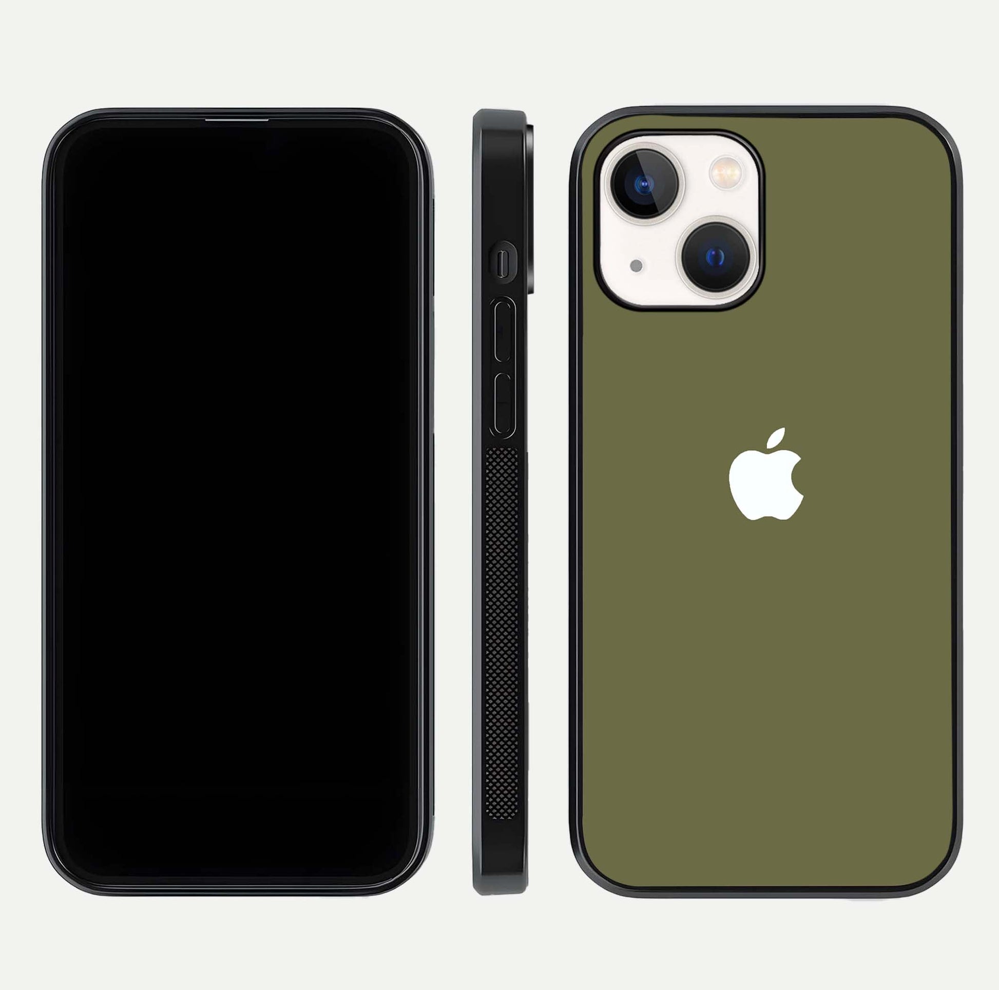 Olive Matte Essence Glass Case for iPhone 14 front & back layout highlighting simple design and clean edges