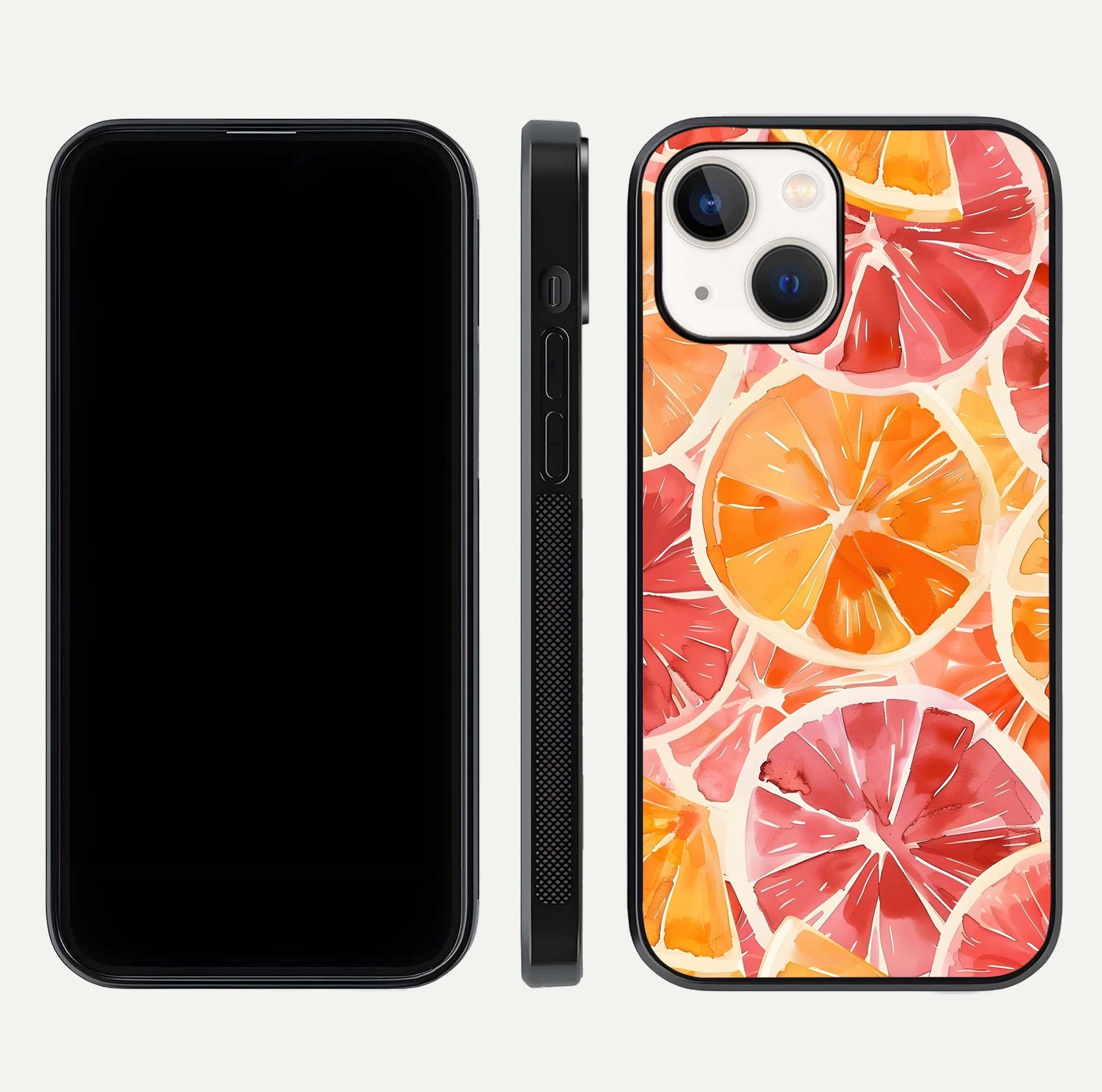 Orange Fruits Pattern Glass Case for iPhone 14 front & back layout highlighting bright colors and clean edges
