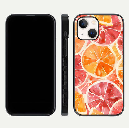 Orange Fruits Pattern Glass Case for iPhone 14 front & back layout highlighting bright colors and clean edges