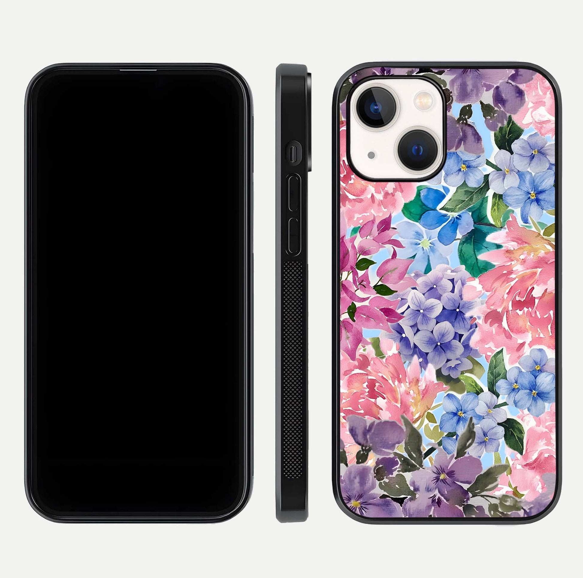 Pastel Floral Mix Glass Case for iPhone 14 front & back layout showing gentle tones and elegant edges