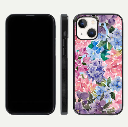 Pastel Floral Mix Glass Case for iPhone 14 front & back layout showing gentle tones and elegant edges