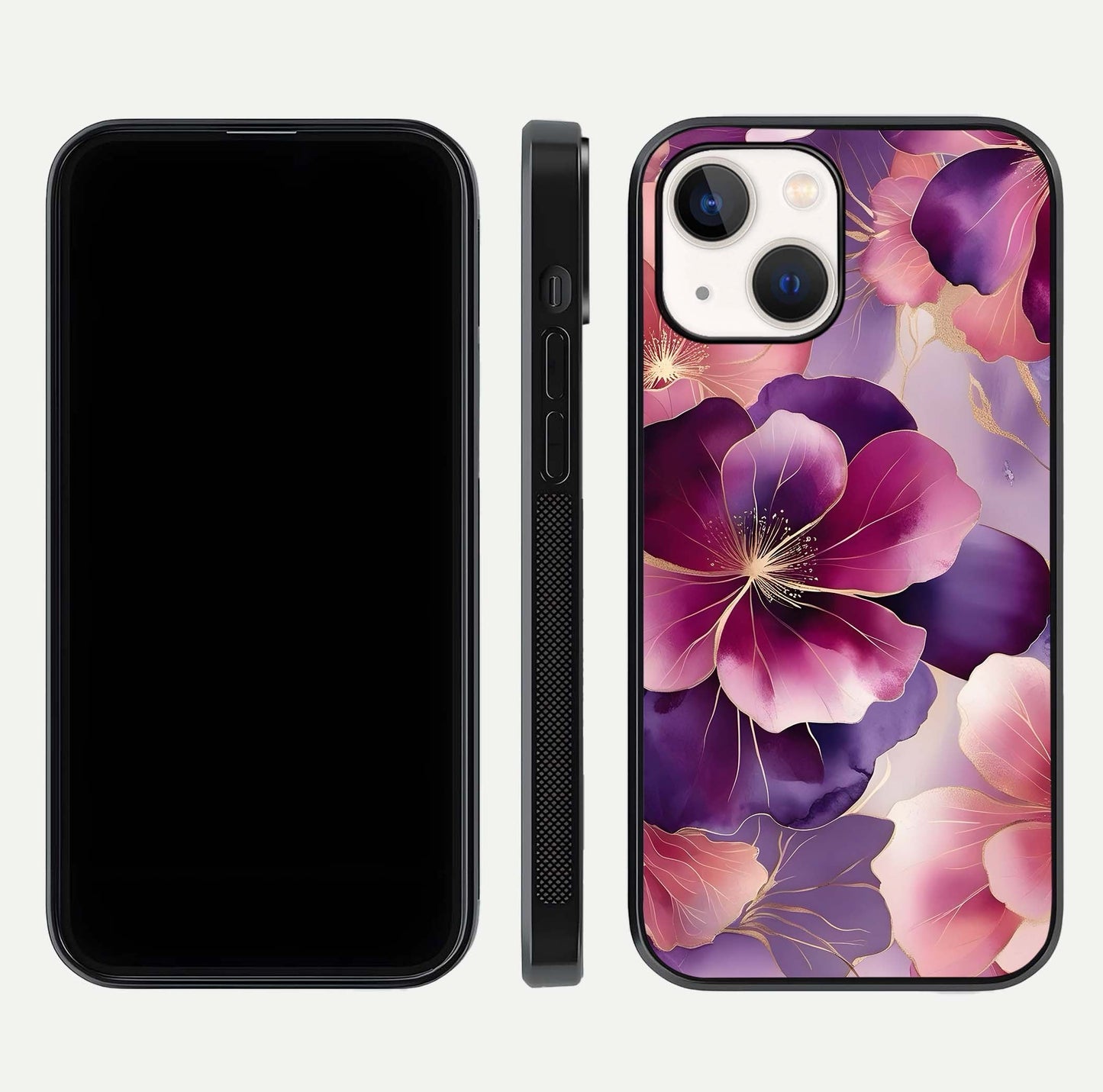 Pink Bouquet Florals Glass Case for iPhone 14 front & back layout highlighting vivid petals and smooth edges