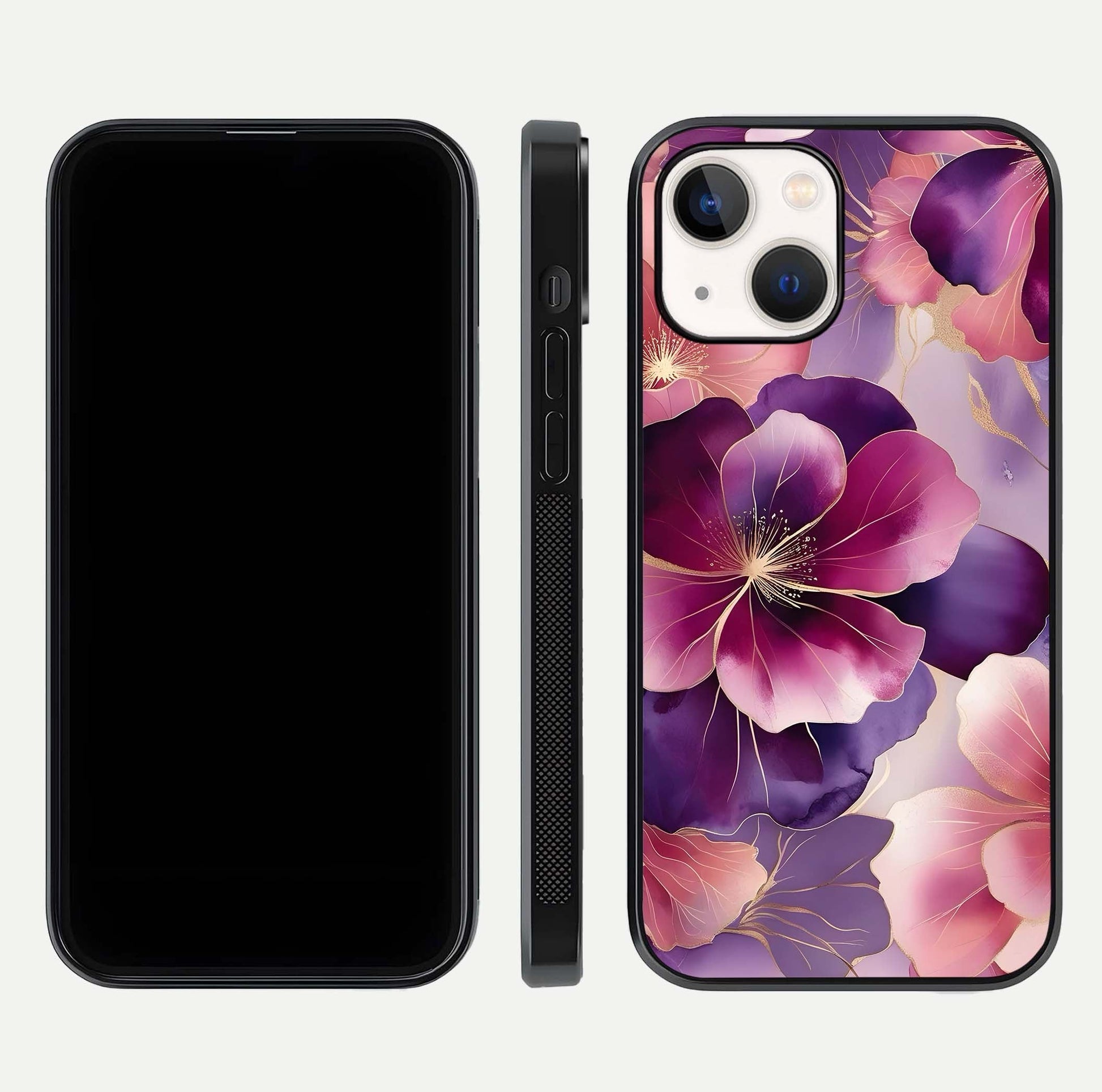 Pink Bouquet Florals Glass Case for iPhone 14 front & back layout highlighting vivid petals and smooth edges