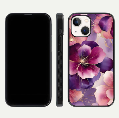 Pink Bouquet Florals Glass Case for iPhone 14 front & back layout highlighting vivid petals and smooth edges