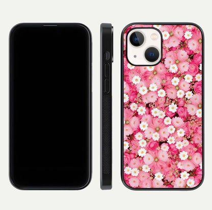 Pink Daisy Bliss Glass Case for iPhone 14 front & back layout showing HD floral tones and edge finish
