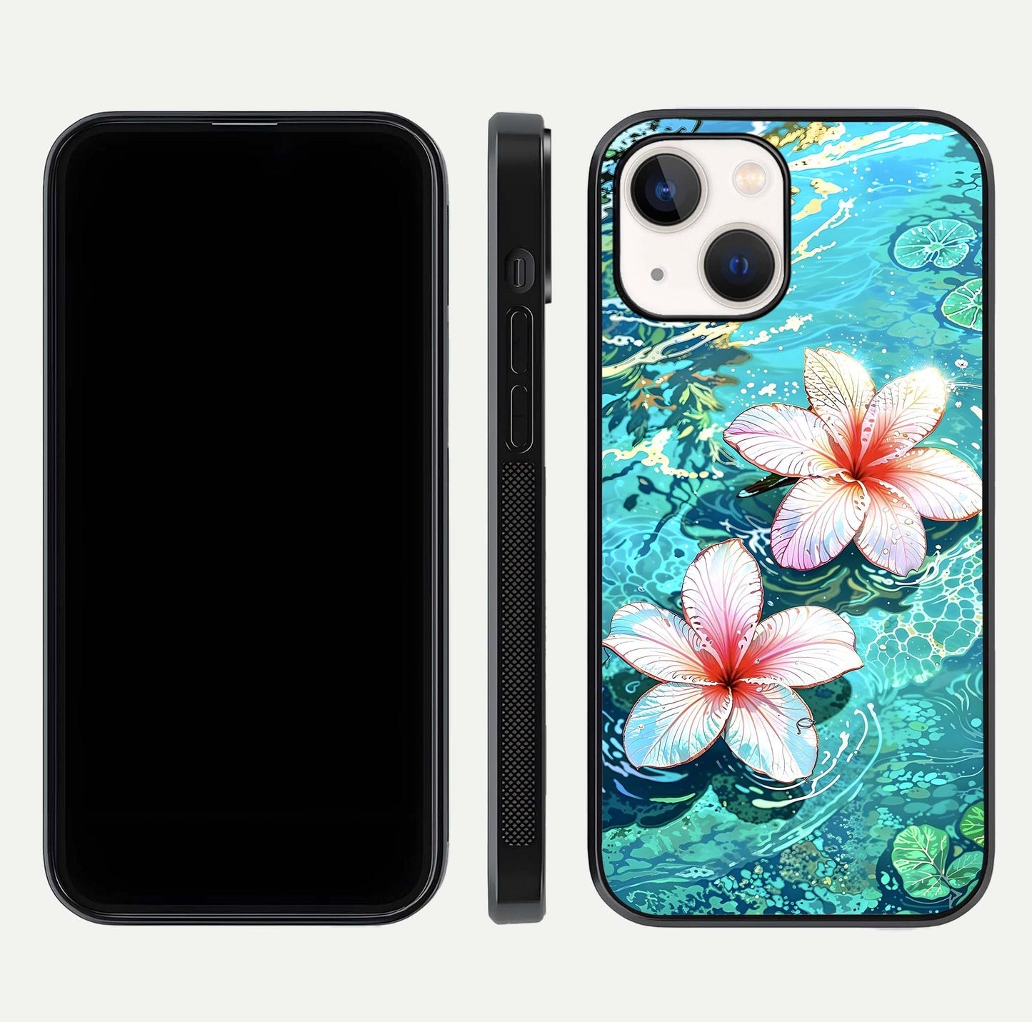 Pink Flowers in Water Glass Case for iPhone 14 front & back layout showing elegant pastel floral tones