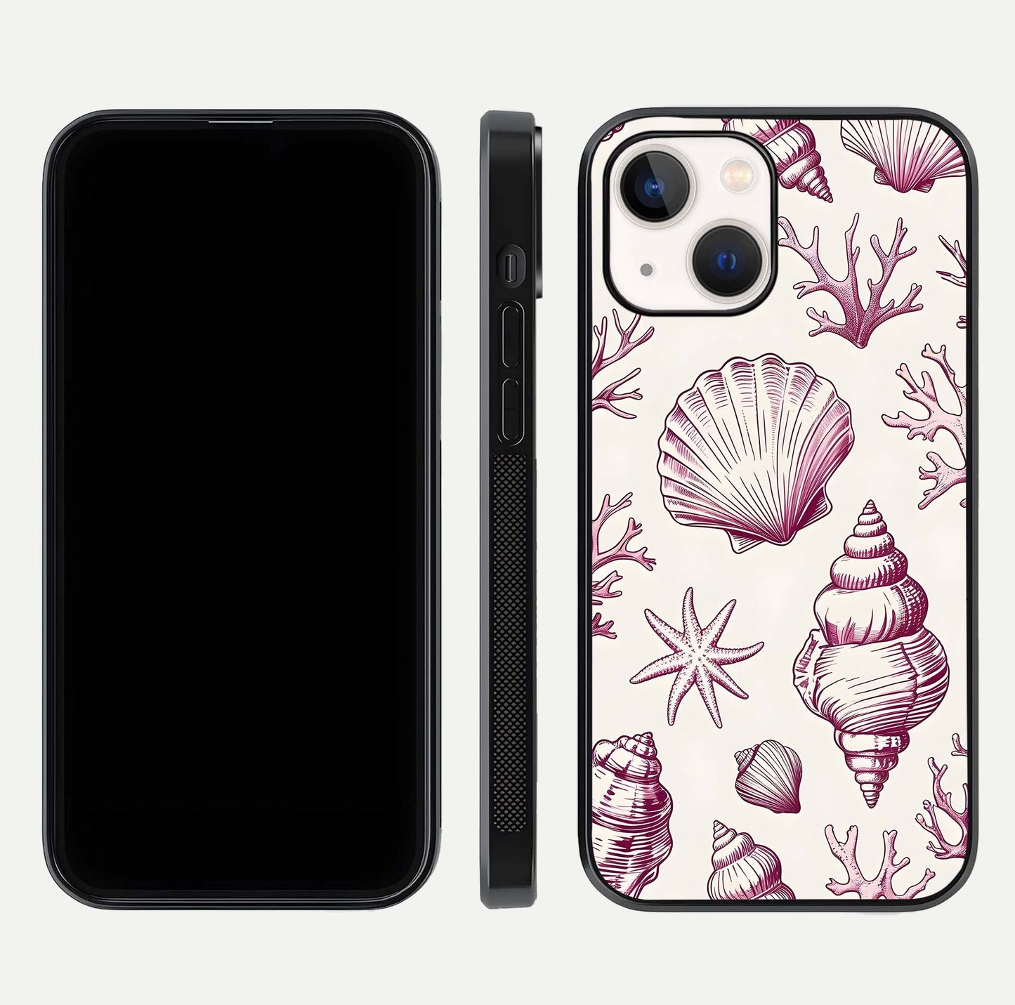 Pink Shells Outline Glass Case for iPhone 14 front & back layout showing soft pastel tones and edge design