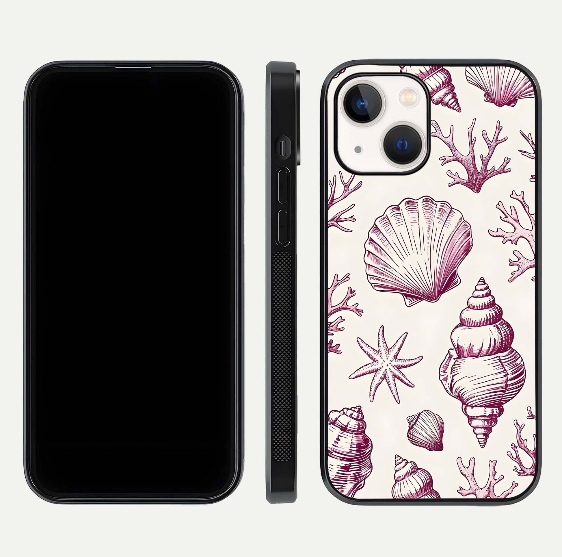 Pink Shells Outline Glass Case for iPhone 14 front & back layout showing soft pastel tones and edge design