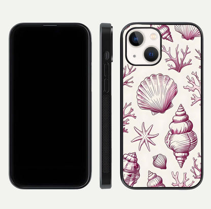 Pink Shells Outline Glass Case for iPhone 14 front & back layout showing soft pastel tones and edge design