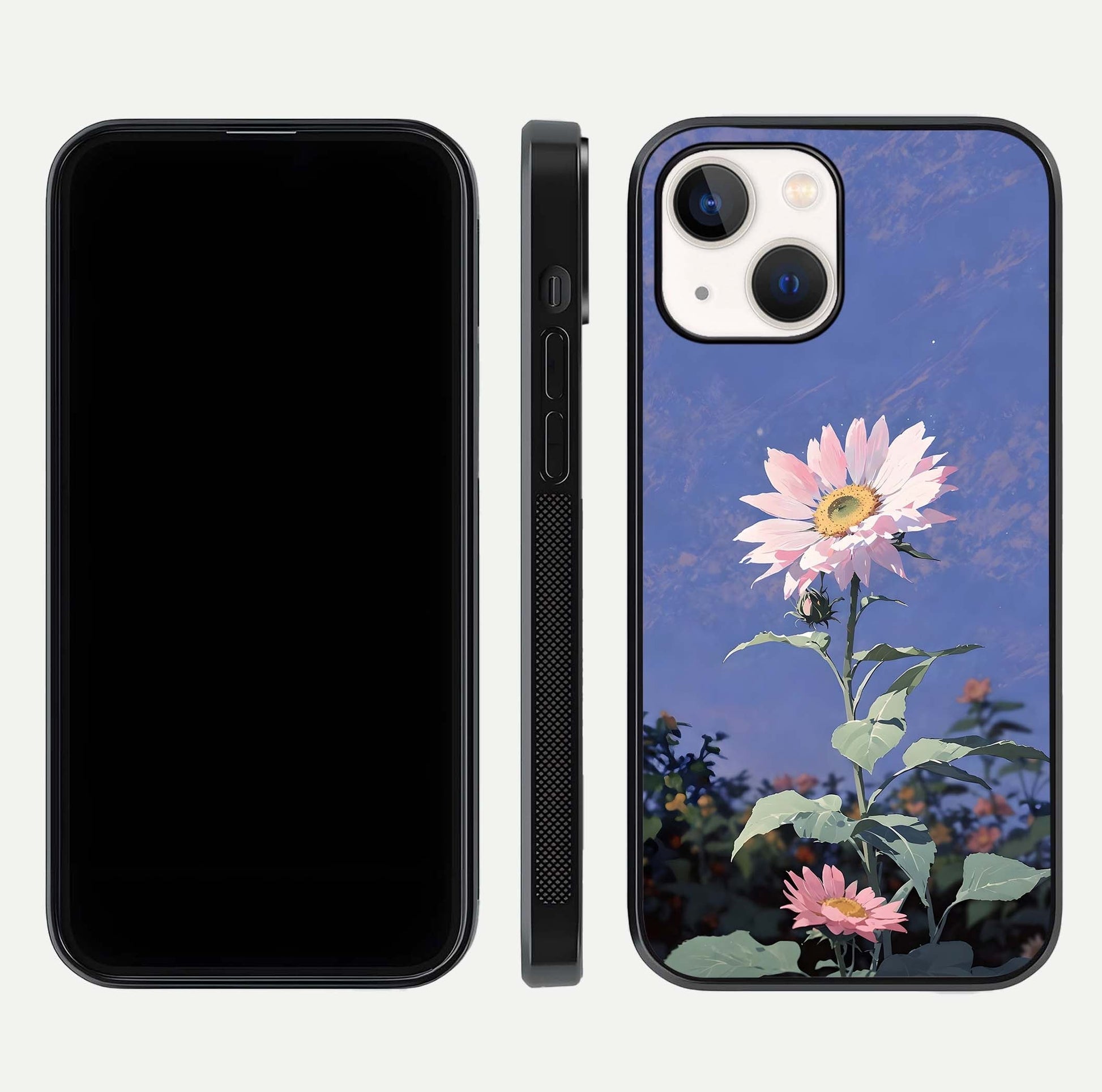 Pink Sunflower Glow Glass Case for iPhone 14 front & back layout showing HD tones and bright finish