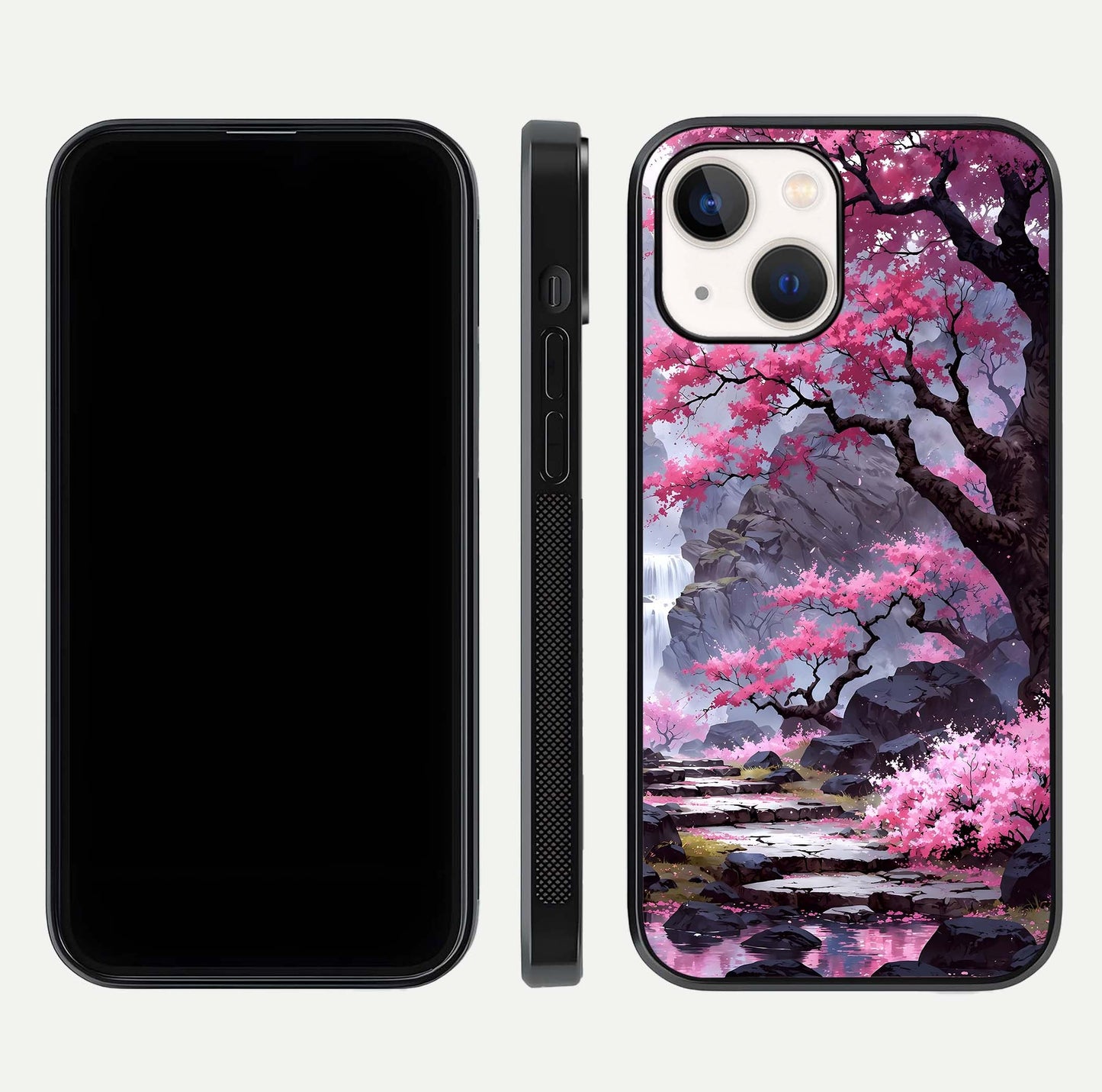 Pinkish Scenery Glass Case for iPhone 14 front & back layout showing landscape art and curved edge finish