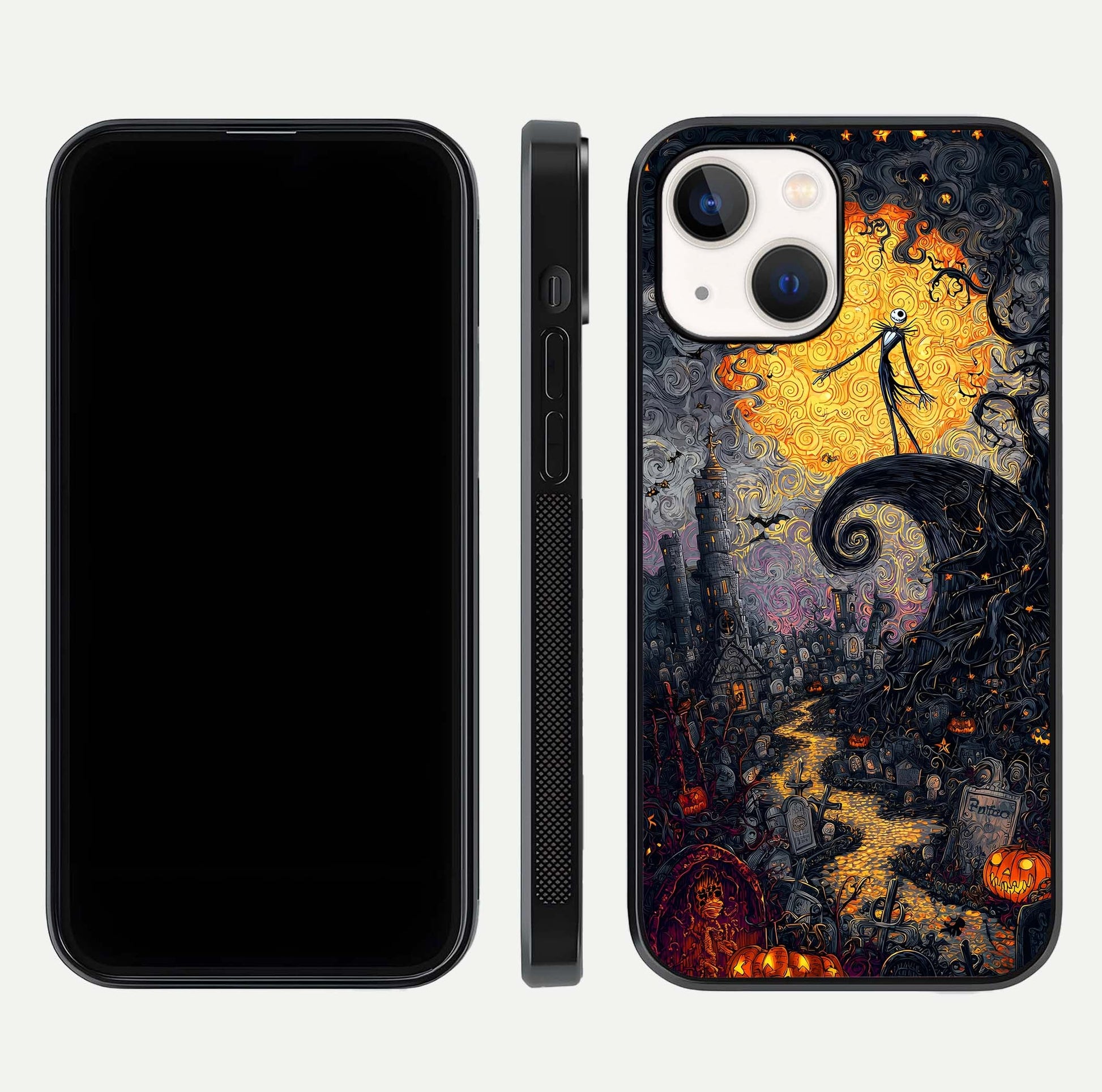 Pumpkin Moon Night Glass Case for iPhone 14 front & back layout highlighting festive tones and smooth edges
