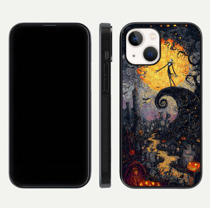 Pumpkin Moon Night Glass Case for iPhone 14 front & back layout highlighting festive tones and smooth edges