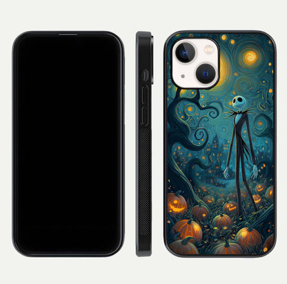 Pumpkin Moonlight Tale Glass Case for iPhone 14 front & back layout showing festive orange tone and edges