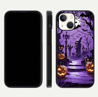 Pumpkin Patch Halloween Glass Case for iPhone 14 front & back layout showing festive Halloween print
