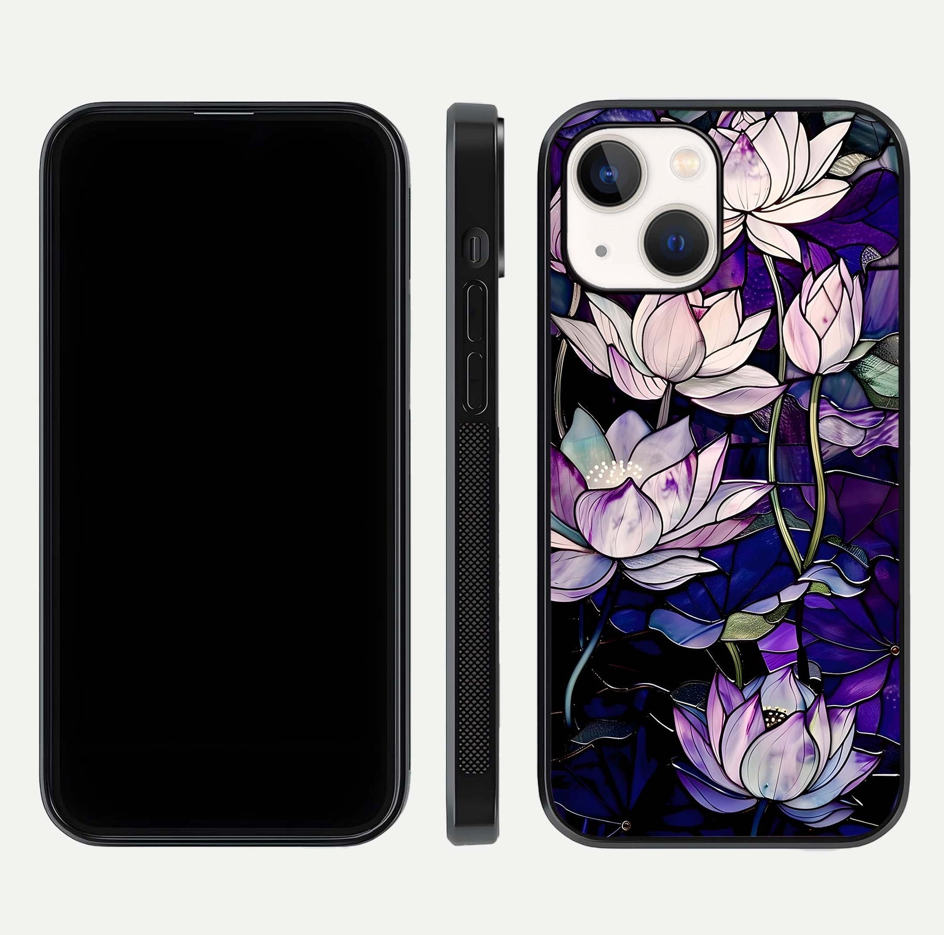 Purple Lotus Pattern Glass Case for iPhone 14 front & back layout highlighting floral tones and soft edges