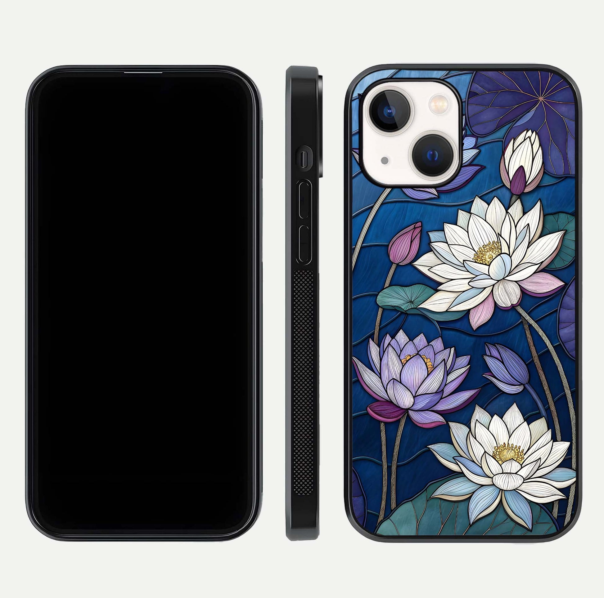 Purple Lotus Stained Glass Case for iPhone 14 front & back layout showing bright tones and smooth edge finish