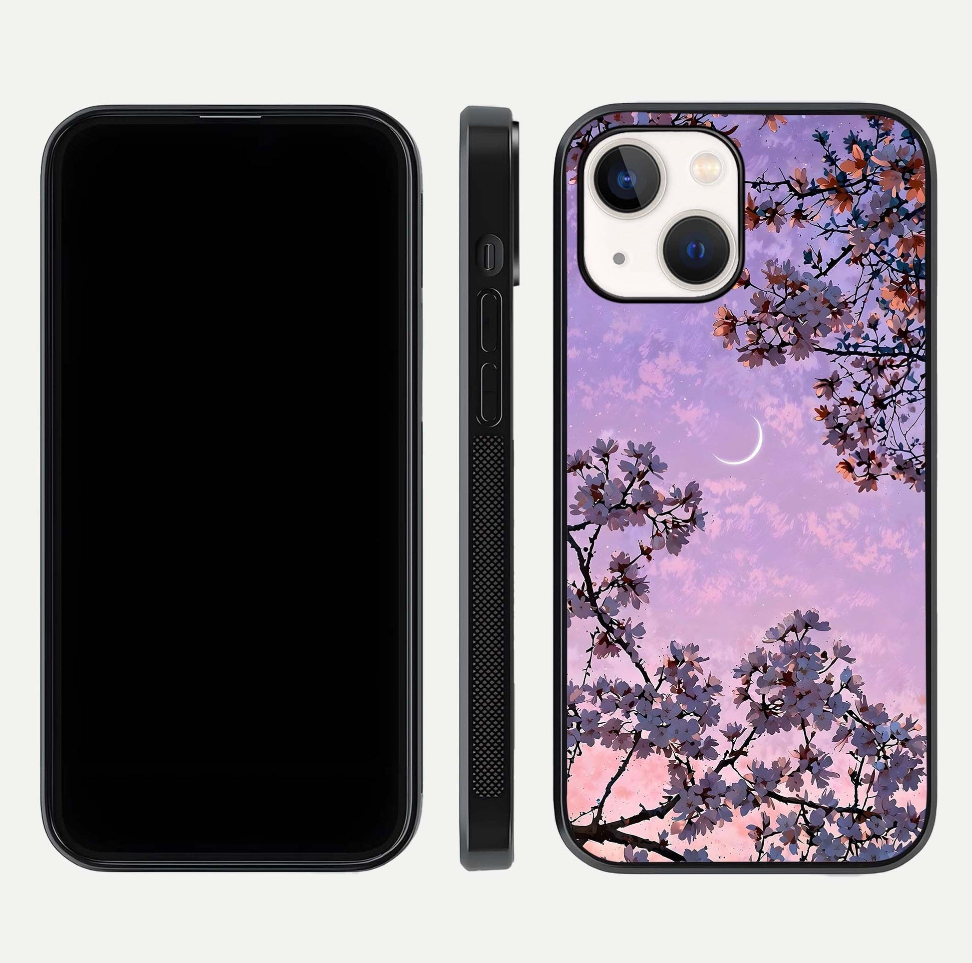 Purple Serenity Moon Glass Case for iPhone 14 front & back layout highlighting celestial tones and curves
