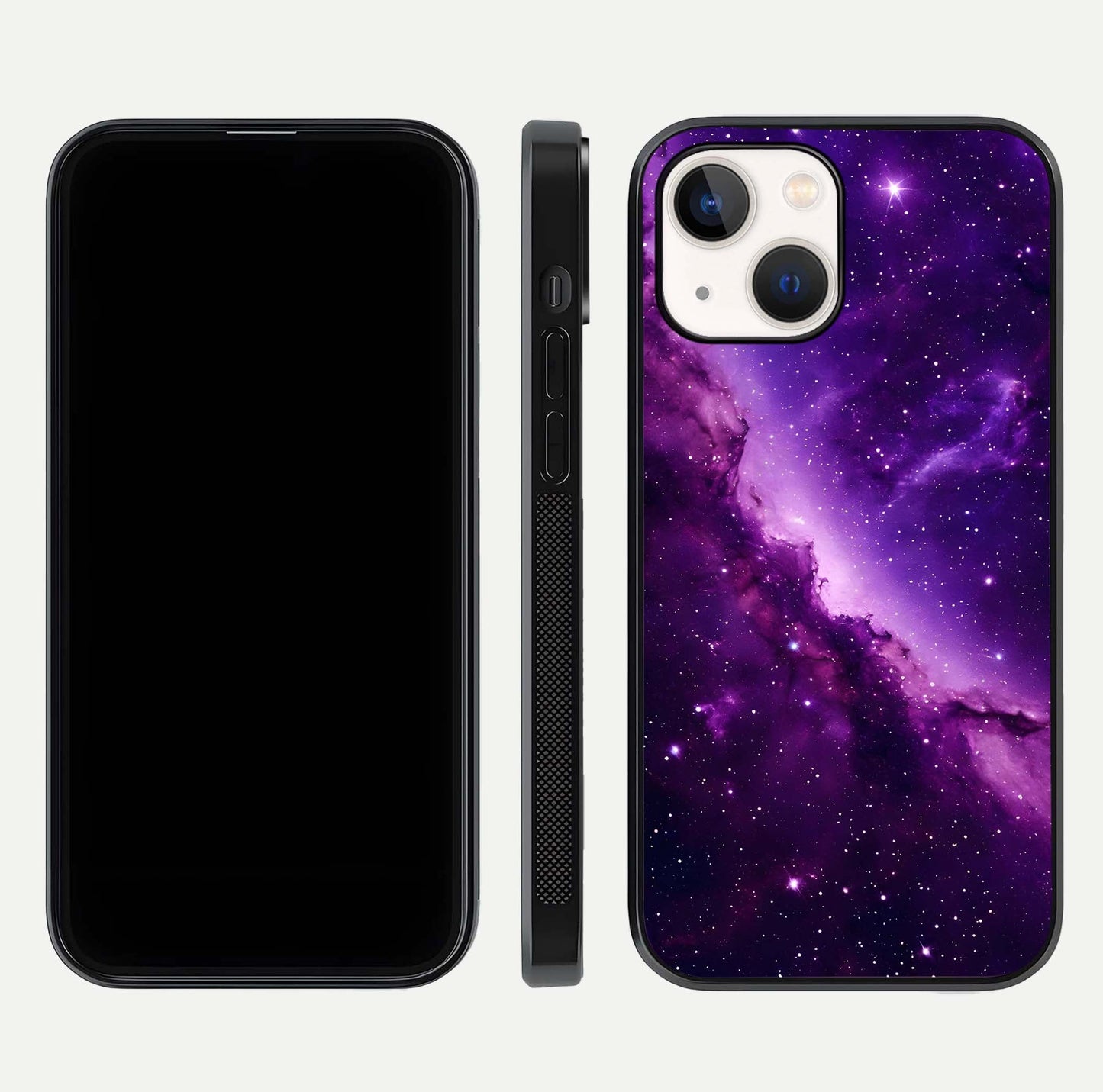 Purple Shade Sky Glass Case for iPhone 14 front & back layout showing HD tones and clean glass edges