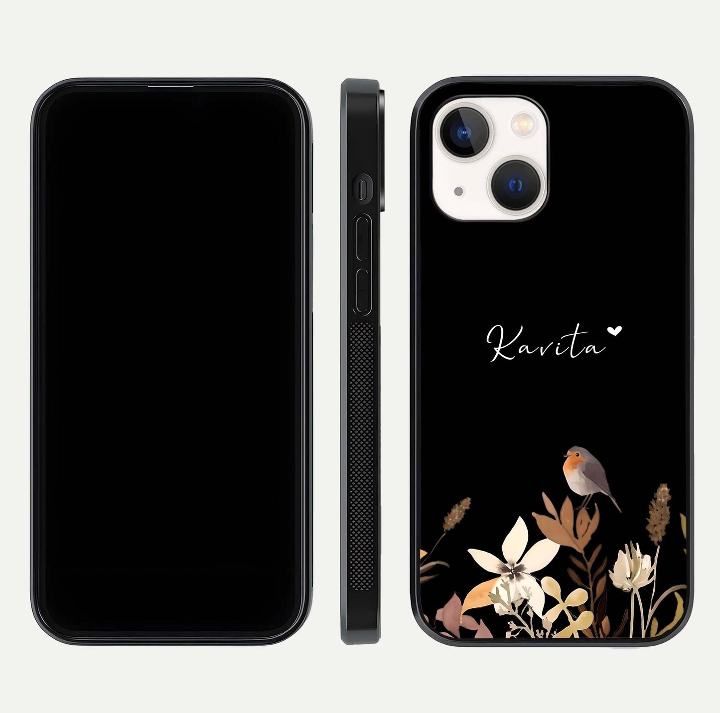 Quiet Garden Tune Custom Name Glass Case for iPhone 14 front & back layout highlighting name area and edges