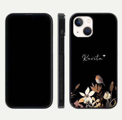 Quiet Garden Tune Custom Name Glass Case for iPhone 14 front & back layout highlighting name area and edges