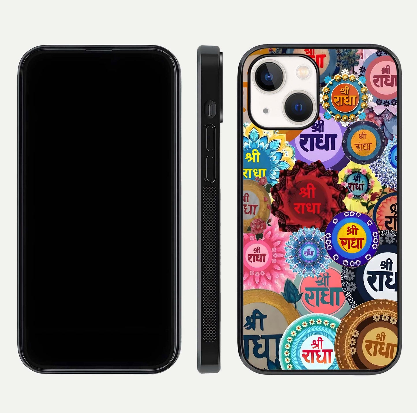 Radha Divine Bloom Glass Case for iPhone 14 front & back layout showing spiritual tones and elegant edges