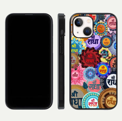 Radha Divine Bloom Glass Case for iPhone 14 front & back layout showing spiritual tones and elegant edges