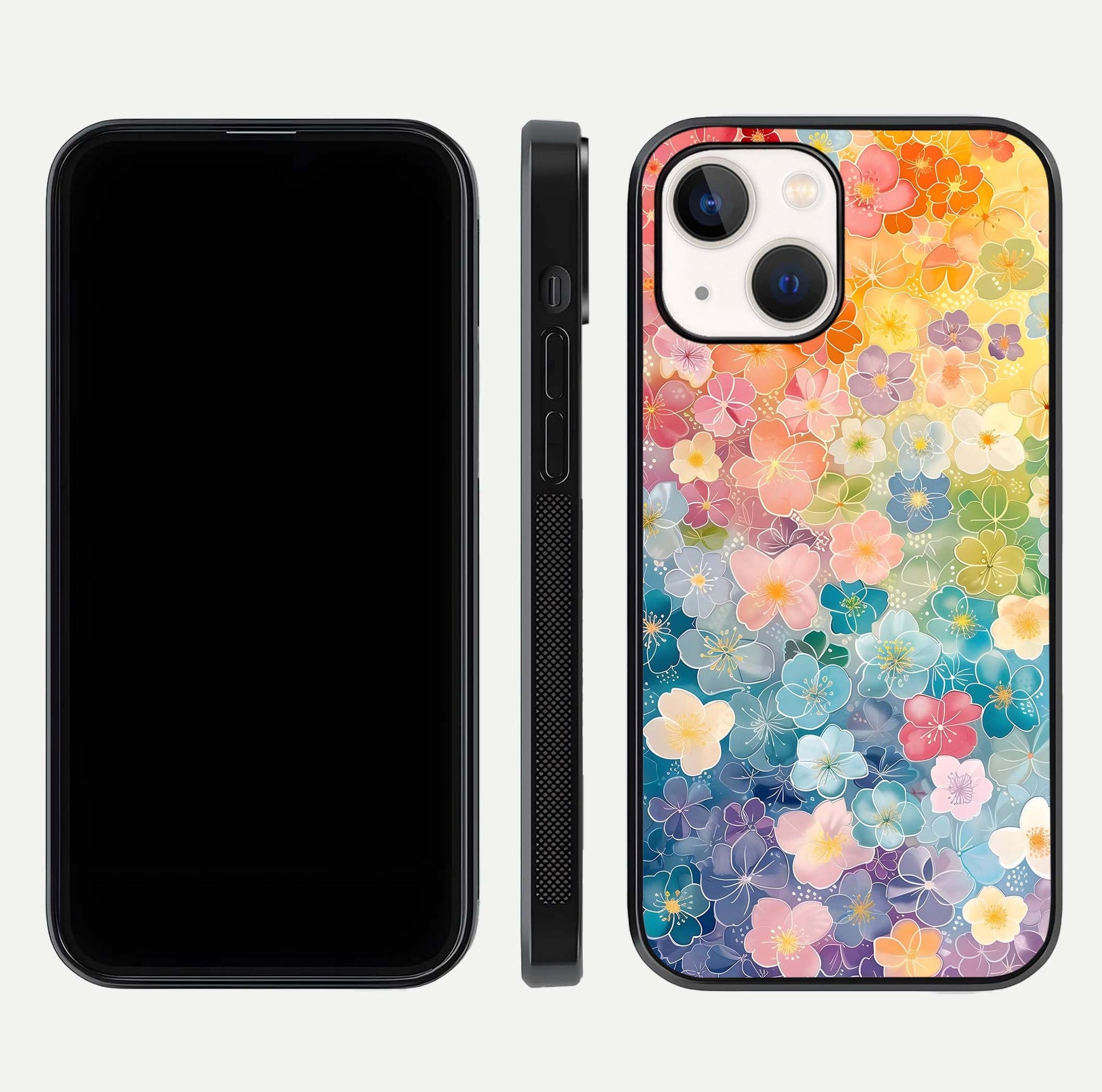 Rainbow Blossom Burst Glass Case for iPhone 14 front & back layout showing bright tones and edge finish
