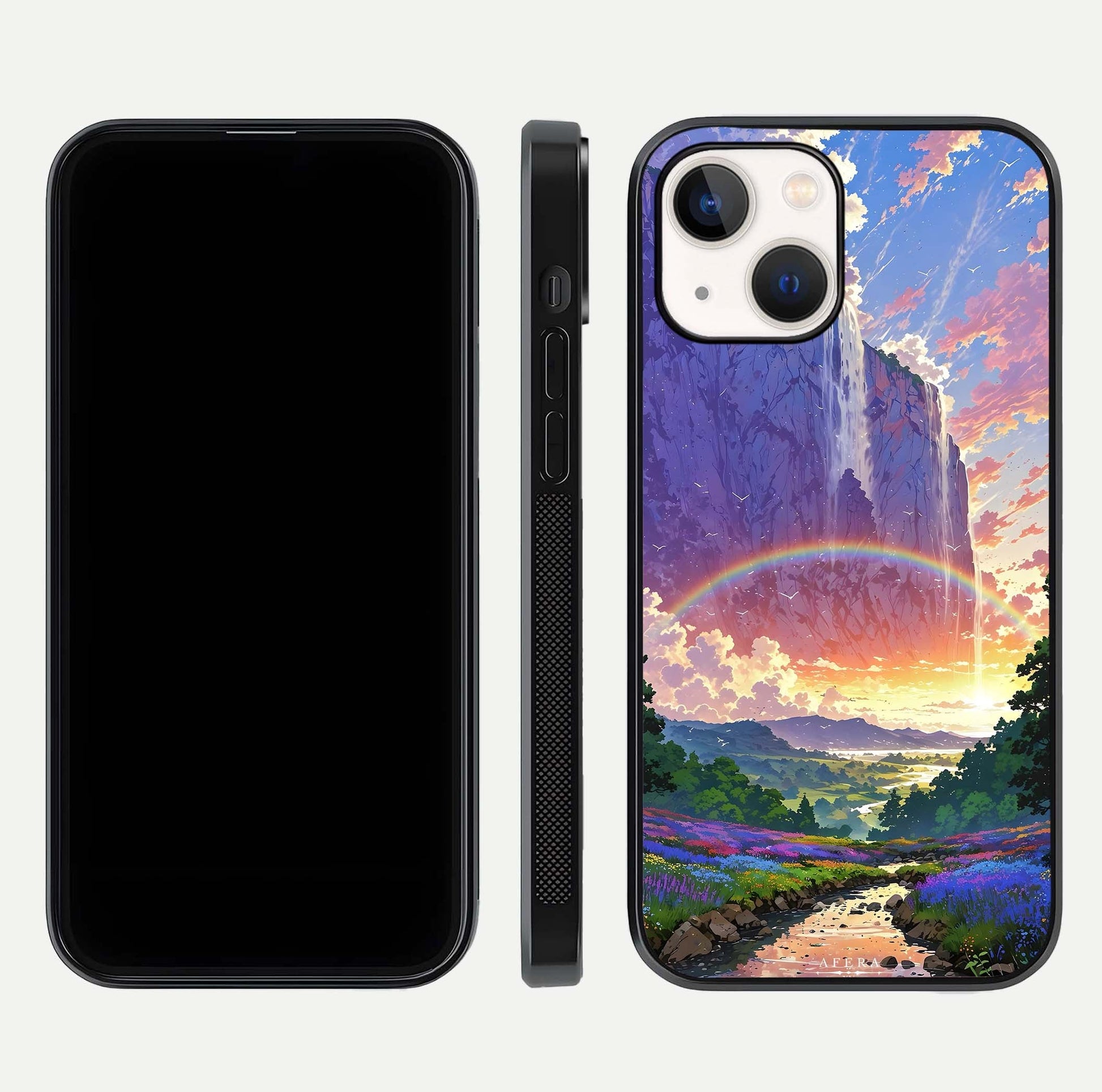 Rainbow Valley Dream Glass Case for iPhone 16 Pro front & back layout showing smooth color blend and curved edge