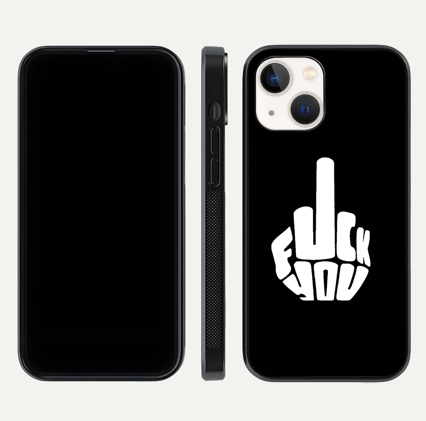 Rebel Mode On Glass Case for iPhone 14 front & back layout showing minimal tone and clean edge fit
