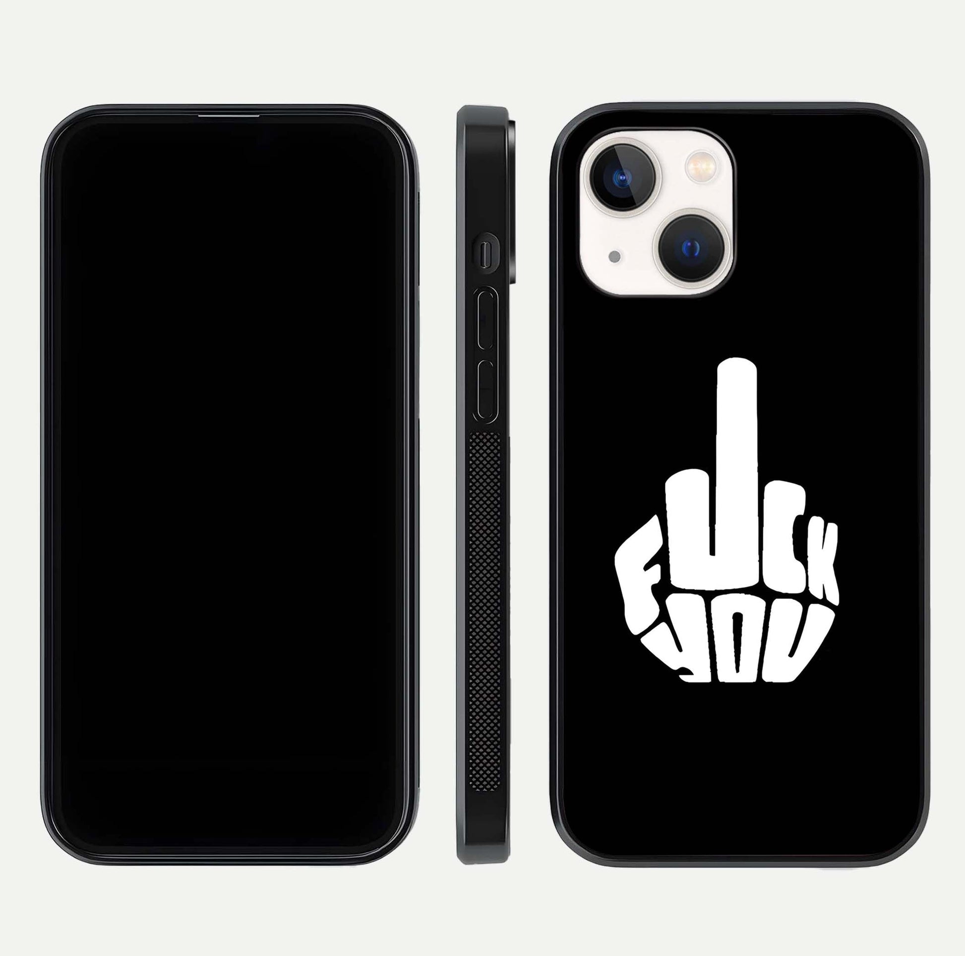 Rebel Mode On Glass Case for iPhone 14 front & back layout showing minimal tone and clean edge fit