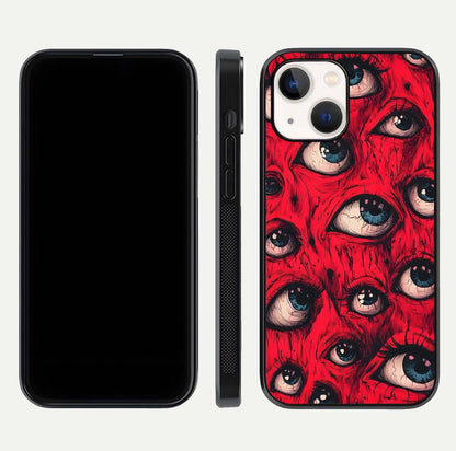Red Eyes Pattern Glass Case for iPhone 14 front & back layout showing sharp edge finish and design depth