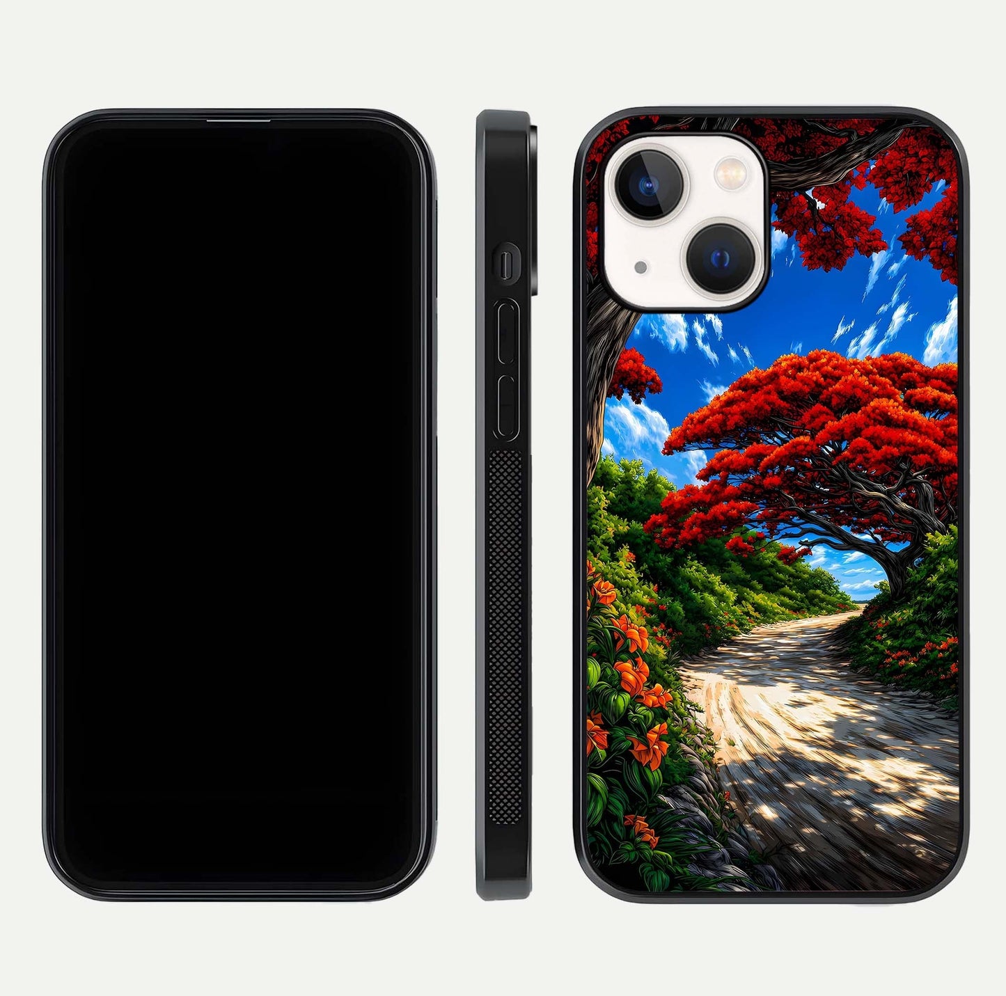Red Trees Pathway Glass Case for iPhone 14 front & back layout showing scenic tone blend and edges