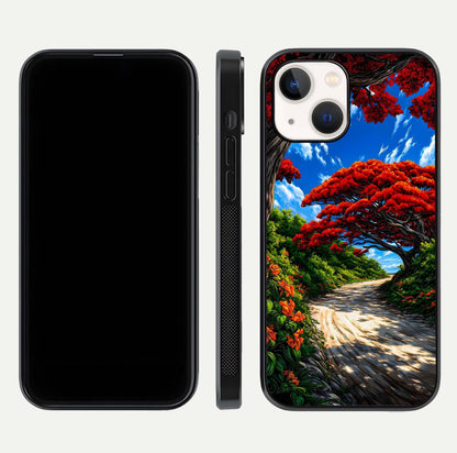 Red Trees Pathway Glass Case for iPhone 14 front & back layout showing scenic tone blend and edges