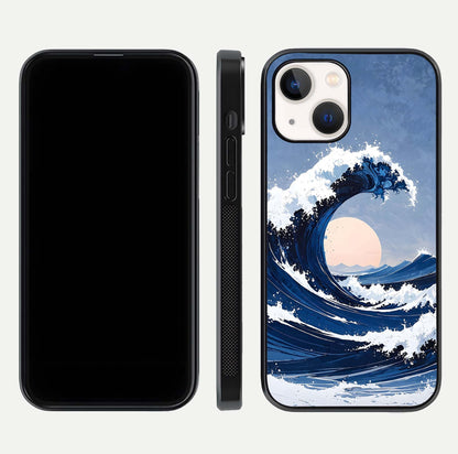 Rising Tide Power Glass Case for iPhone 14 front & back layout showing ocean design and smooth glass edge