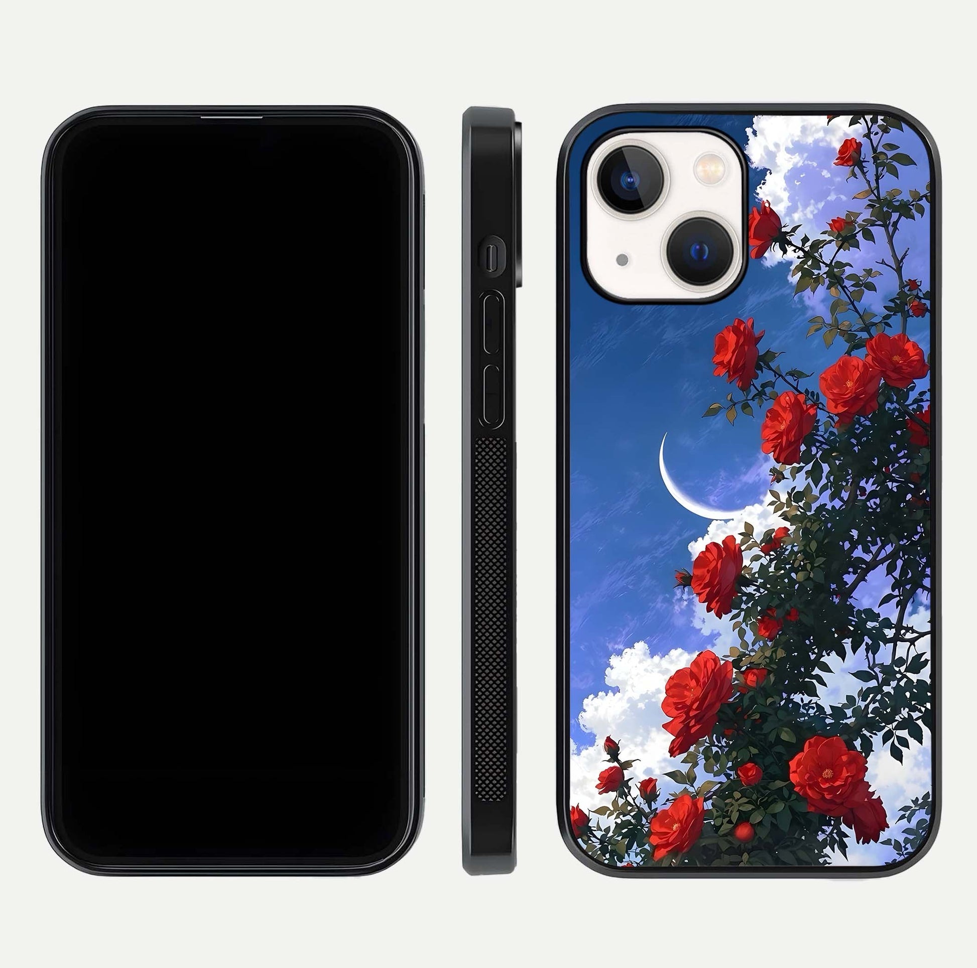 Rose Drift Flowers Glass Case for iPhone 14 front & back layout showing rose gradient tones and edges