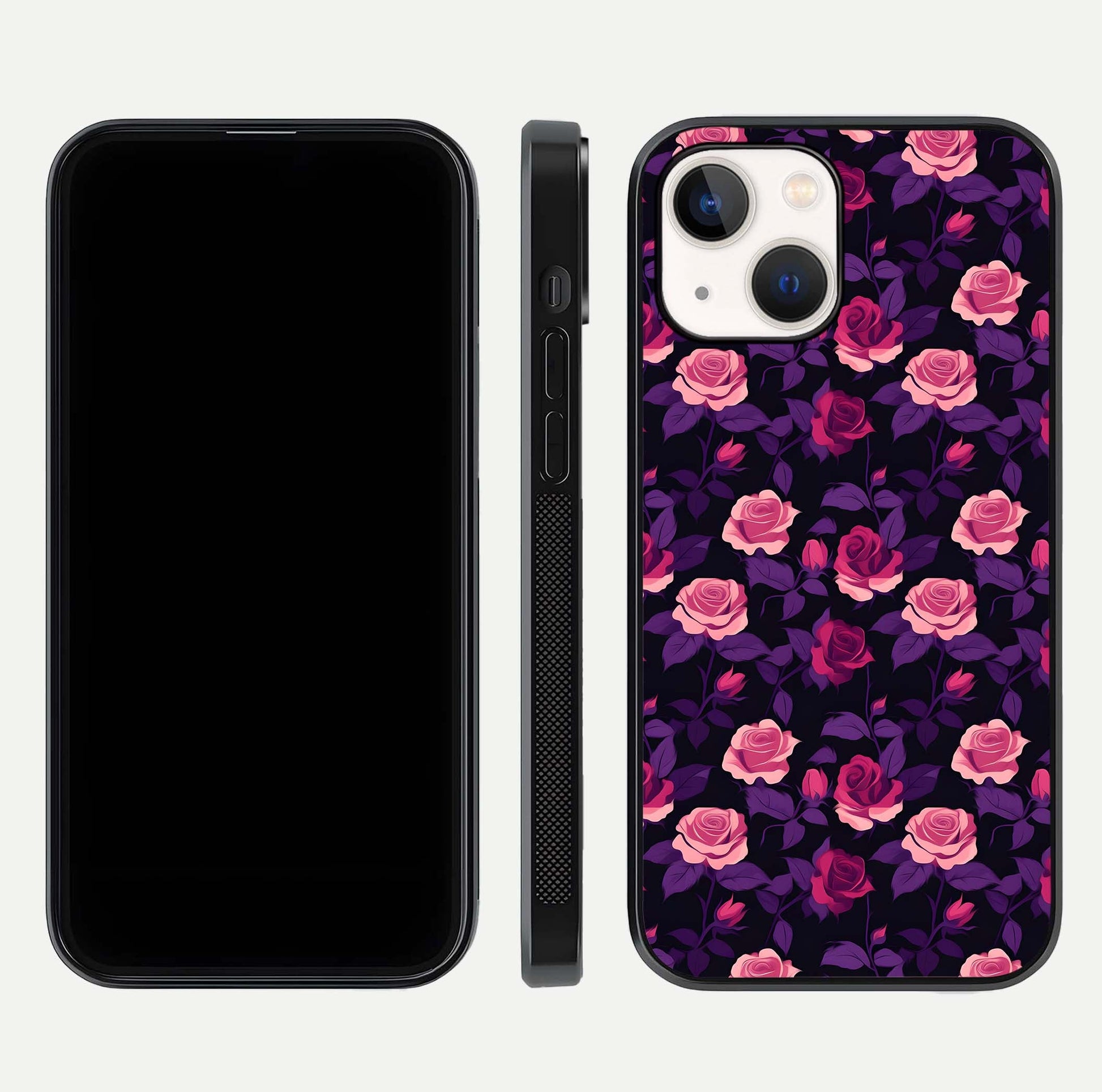 Rose Garden Twilight Glass Case for iPhone 14 front & back layout showing rich twilight tones and edges