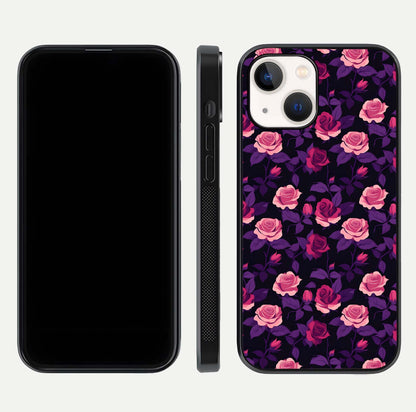 Rose Garden Twilight Glass Case for iPhone 14 front & back layout showing rich twilight tones and edges