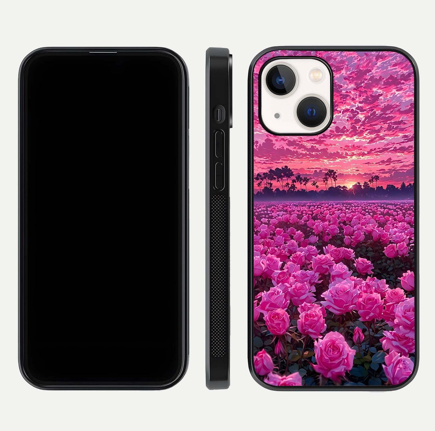 Rose Sunset Valley Glass Case for iPhone 14 front & back layout highlighting gradient tones and glass shine