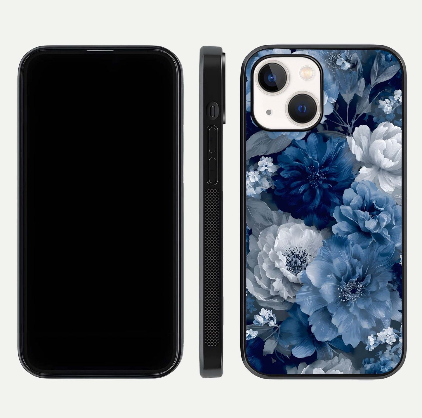 Royal Bloom Garden Glass Case for iPhone 14 front & back layout showing soft tones and curved glass design