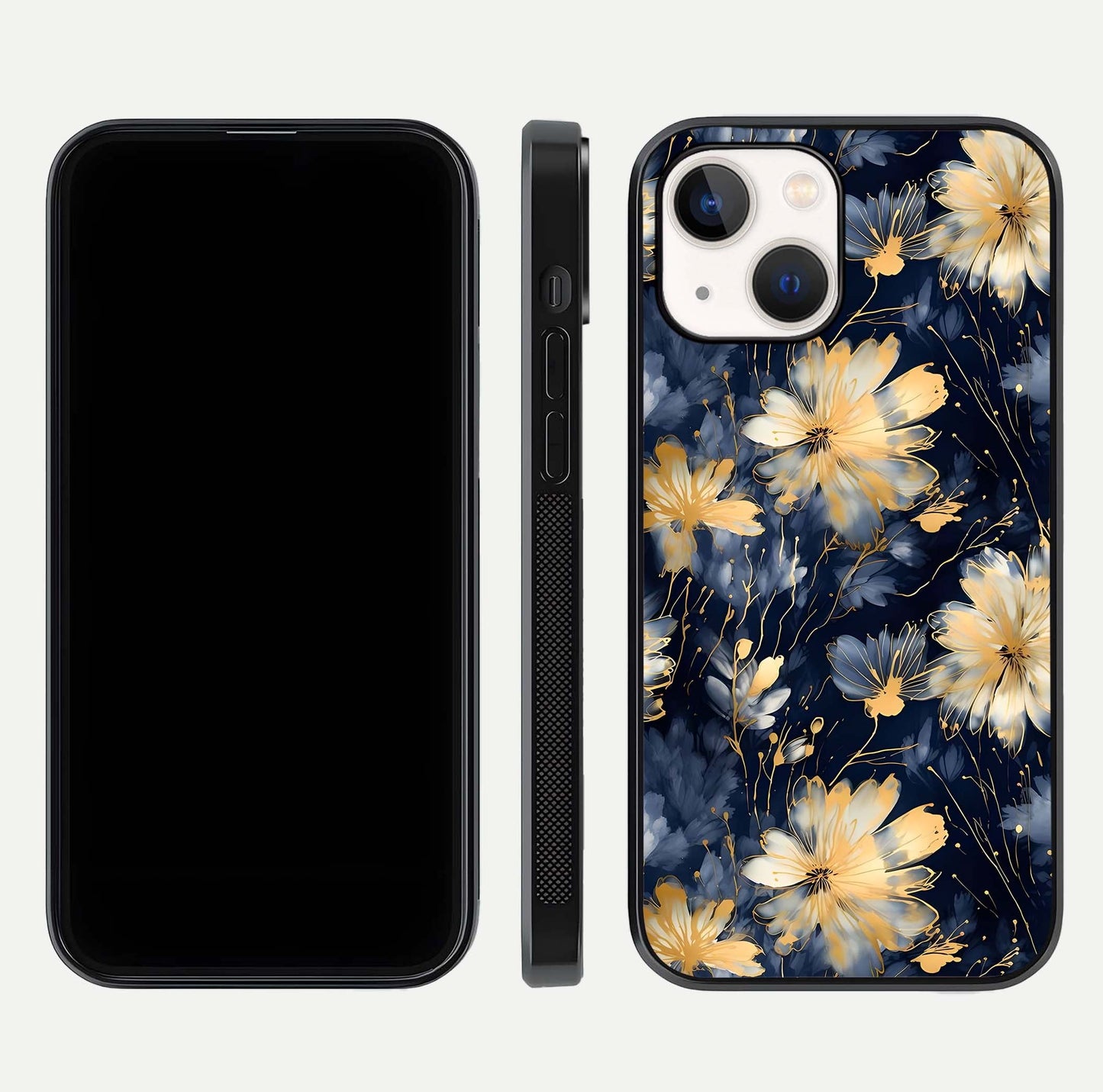 Royal Petal Dream Glass Case for iPhone 14 front & back layout showing floral pattern and clean edge finish