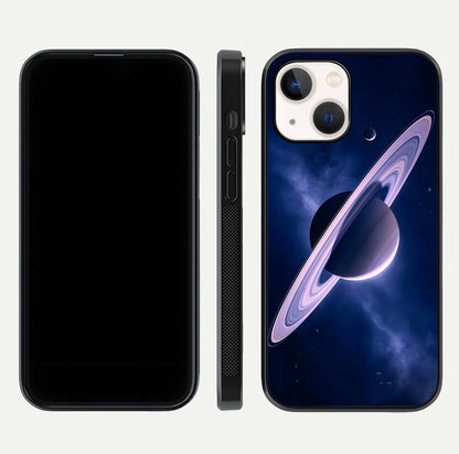 Saturn Ring Mystique Glass Case for iPhone 14 front & back layout showing cosmic tones and edge glow