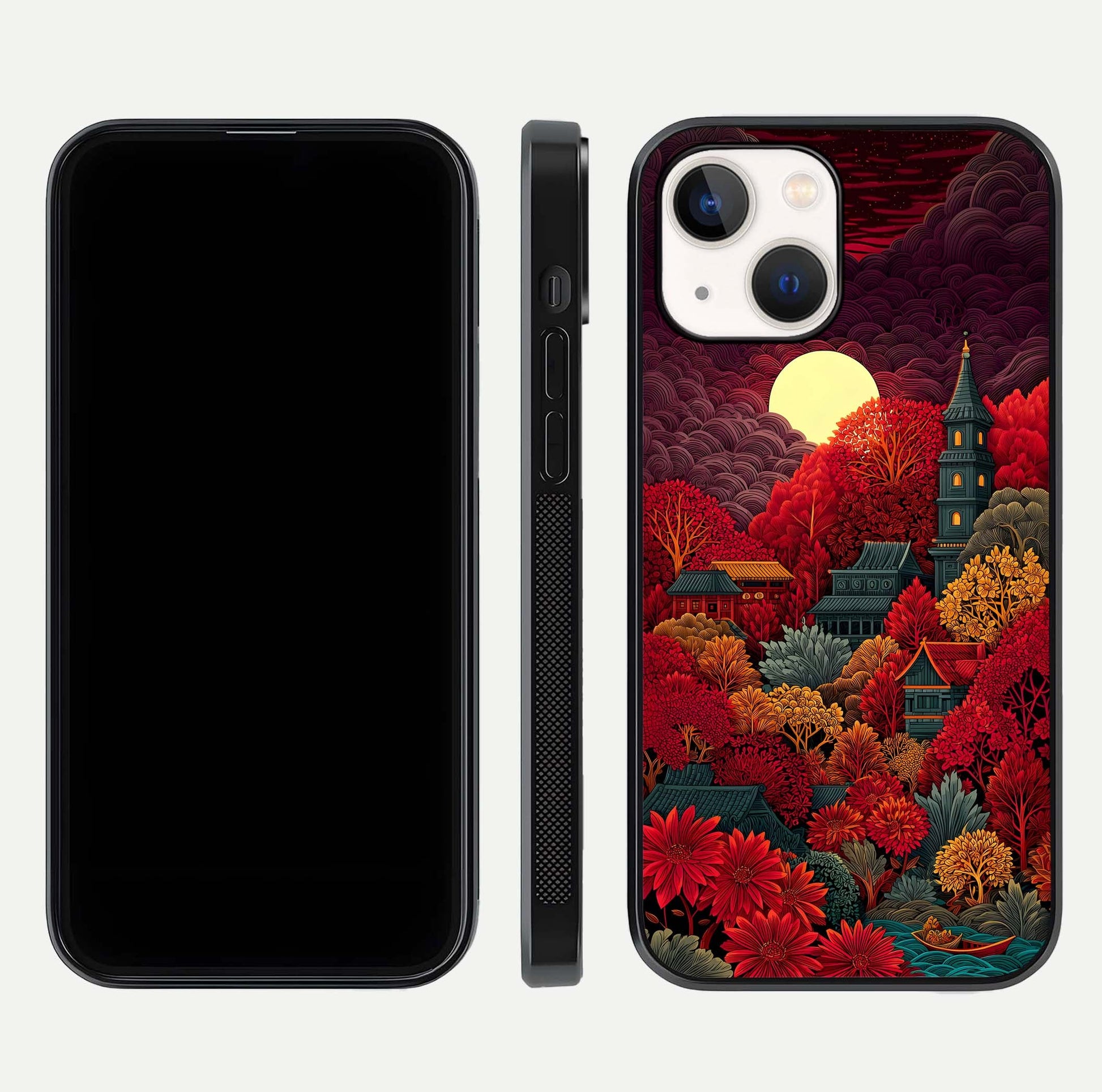 Scarlet Autumn Temple Glass Case for iPhone 14 front & back layout showing scenic tones and curved edges