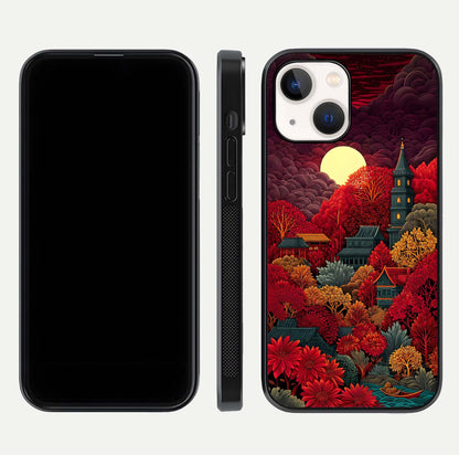 Scarlet Autumn Temple Glass Case for iPhone 14 front & back layout showing scenic tones and curved edges